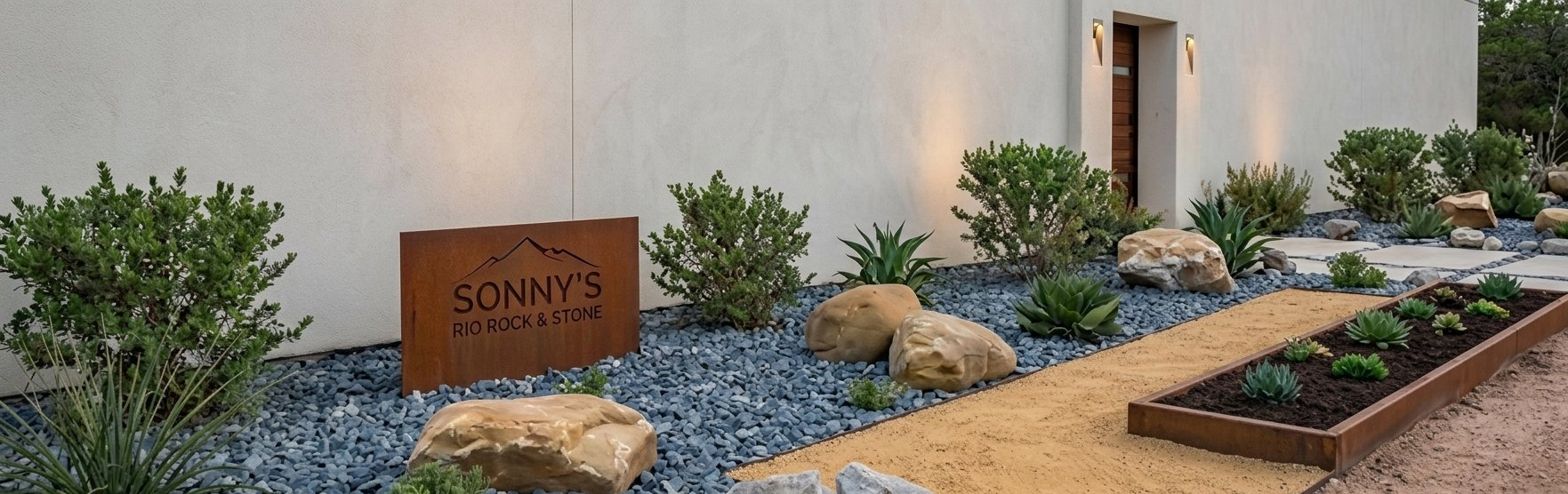 Sonny's Rio Rock-N-Stone landscaping display with boulders and gravel