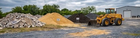 Sonny's aggregate supply yard with sand and rock piles